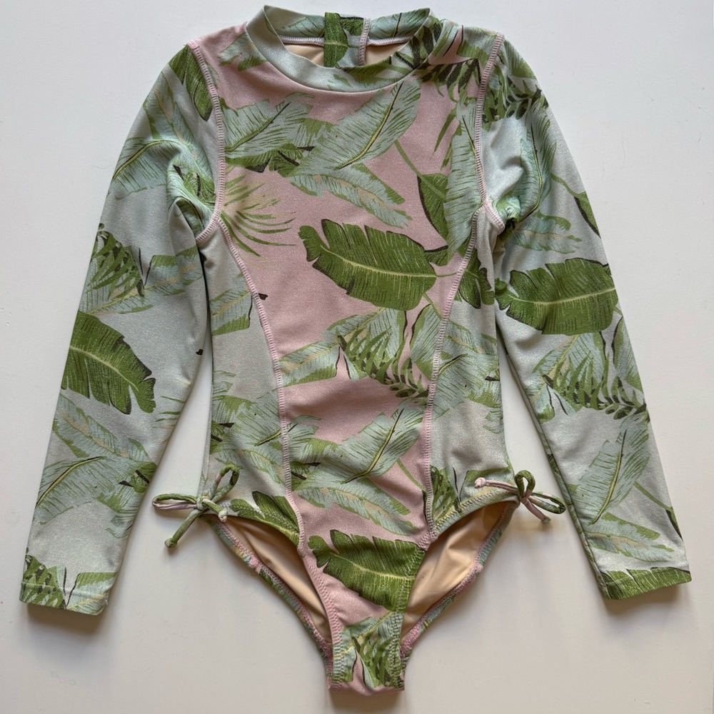 Shade Critters Girls Cabana Palms Shimmer Long-Sleeve One-Piece Swimsuit - Sz 7